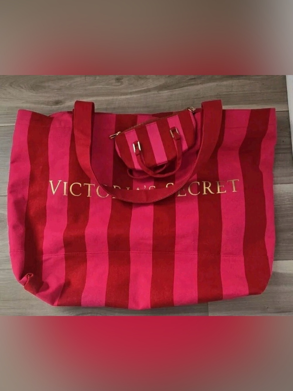 Victoria's Secret Red and Pink Striped Tote with Matching Pouch